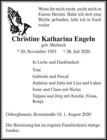 Anzeige von Christine Katharina Engeln von  Anzeigen Echo 