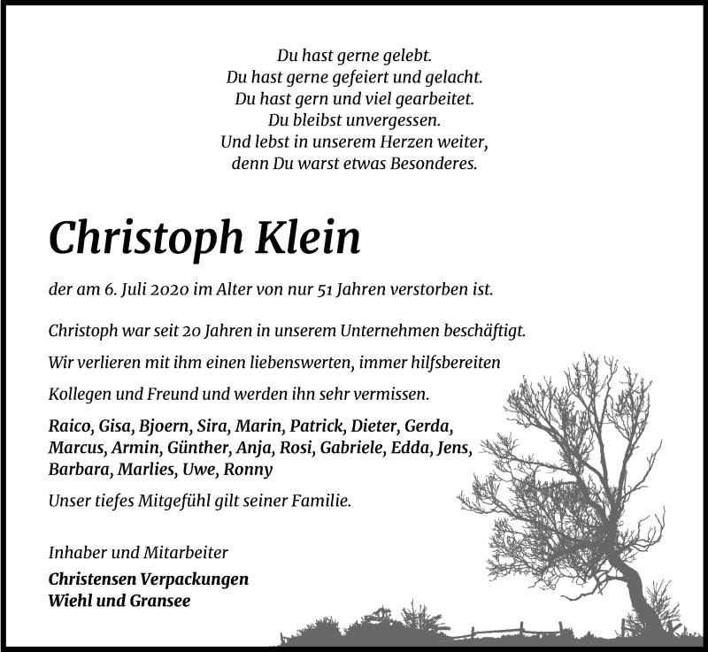  Traueranzeige für Christoph Klein vom 11.07.2020 aus Kölner Stadt-Anzeiger / Kölnische Rundschau / Express