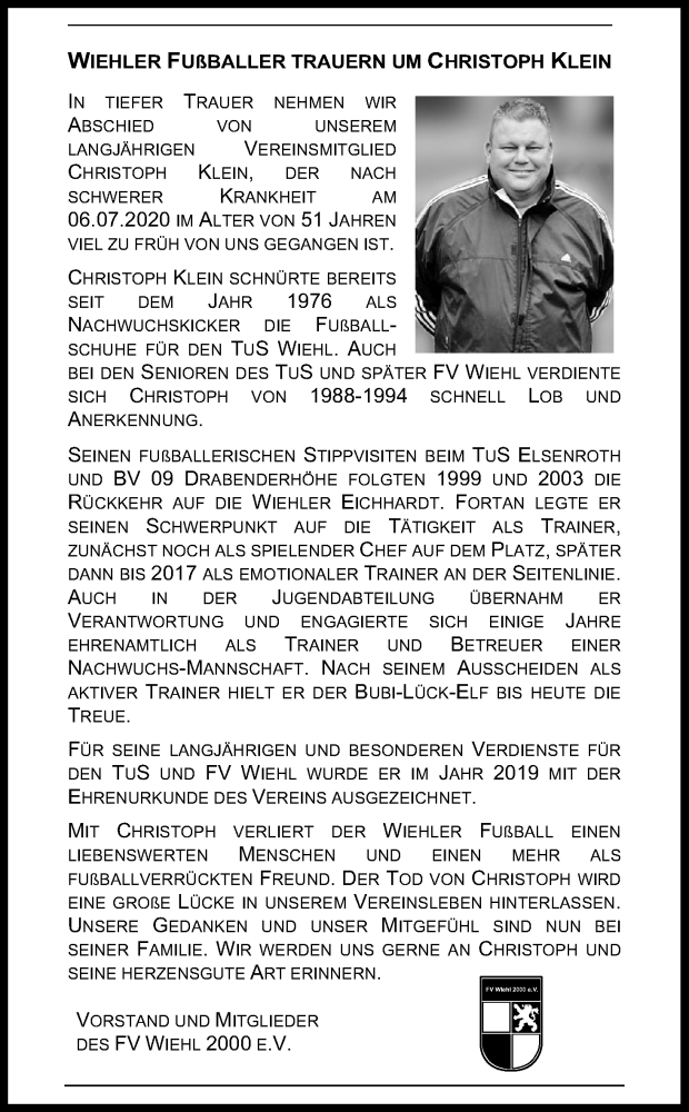  Traueranzeige für Christoph Klein vom 18.07.2020 aus Kölner Stadt-Anzeiger / Kölnische Rundschau / Express