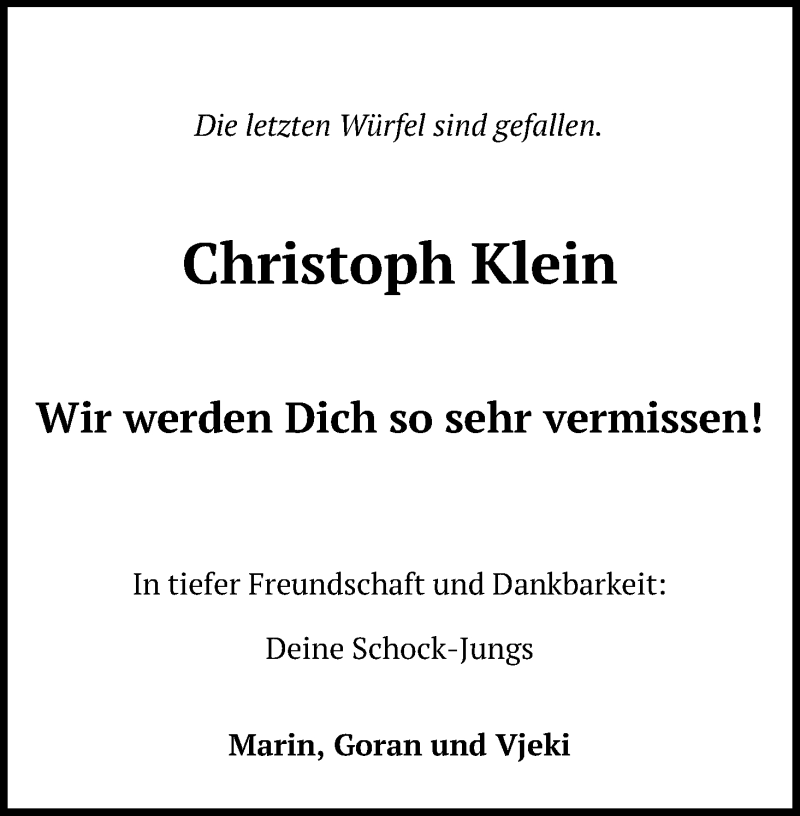  Traueranzeige für Christoph Klein vom 11.07.2020 aus Kölner Stadt-Anzeiger / Kölnische Rundschau / Express