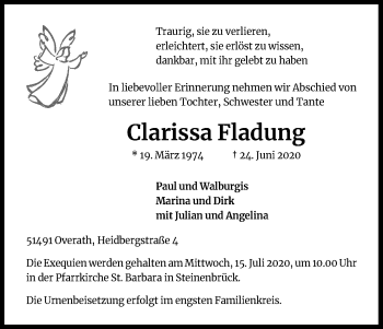 Anzeige von Clarissa Fladung von Kölner Stadt-Anzeiger / Kölnische Rundschau / Express