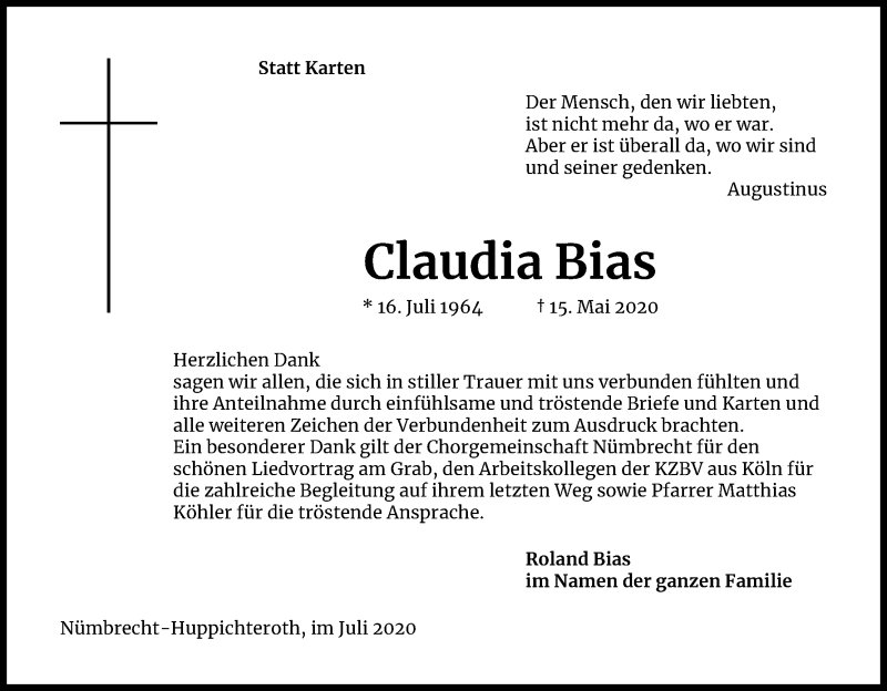  Traueranzeige für Claudia Bias vom 04.07.2020 aus Kölner Stadt-Anzeiger / Kölnische Rundschau / Express