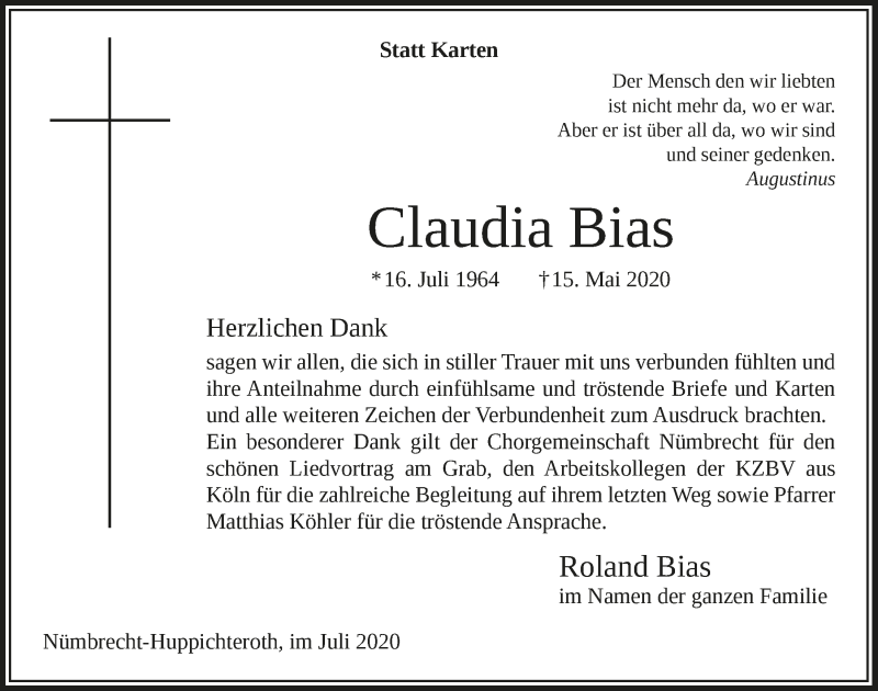  Traueranzeige für Claudia Bias vom 03.07.2020 aus  Lokalanzeiger 