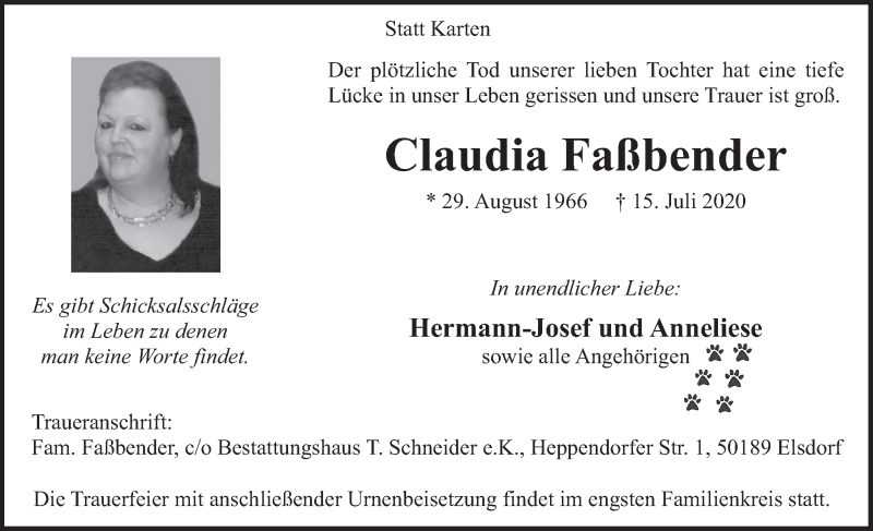  Traueranzeige für Claudia Faßbender vom 24.07.2020 aus  Werbepost 