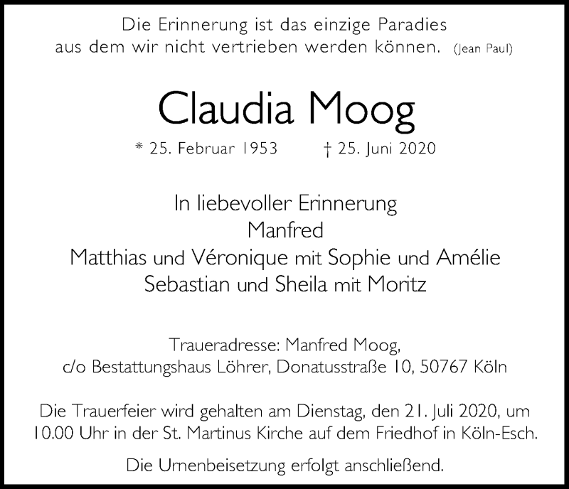  Traueranzeige für Claudia Moog vom 11.07.2020 aus Kölner Stadt-Anzeiger / Kölnische Rundschau / Express