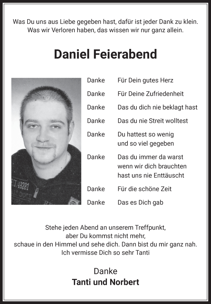  Traueranzeige für Daniel Feierabend vom 17.07.2020 aus  Werbepost 