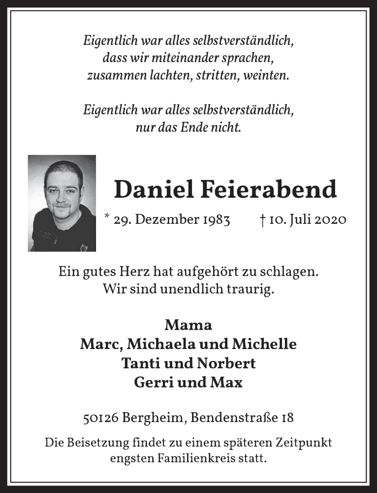  Traueranzeige für Daniel Feierabend vom 17.07.2020 aus  Werbepost 