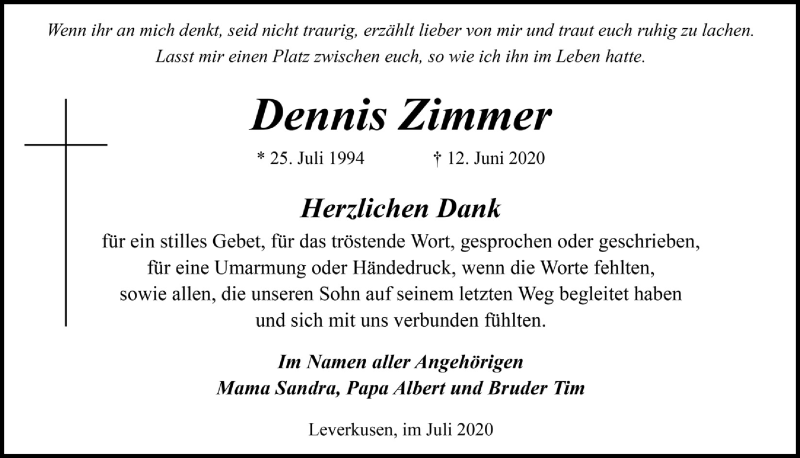  Traueranzeige für Dennis Zimmer vom 03.07.2020 aus  Lokale Informationen 