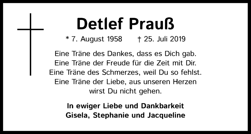  Traueranzeige für Detlef Prauß vom 25.07.2020 aus Kölner Stadt-Anzeiger / Kölnische Rundschau / Express
