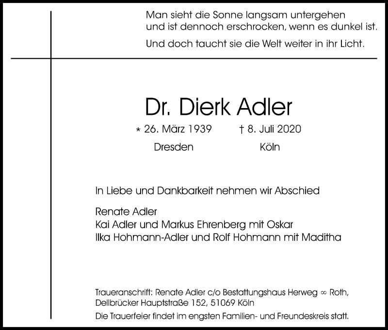  Traueranzeige für Dierk Adler vom 18.07.2020 aus Kölner Stadt-Anzeiger / Kölnische Rundschau / Express