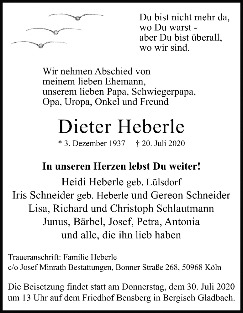  Traueranzeige für Dieter Heberle vom 25.07.2020 aus Kölner Stadt-Anzeiger / Kölnische Rundschau / Express