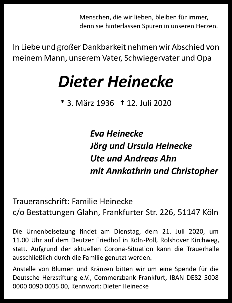  Traueranzeige für Dieter Heinecke vom 17.07.2020 aus  Kölner Wochenspiegel 