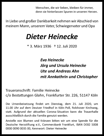 Anzeige von Dieter Heinecke von  Kölner Wochenspiegel 