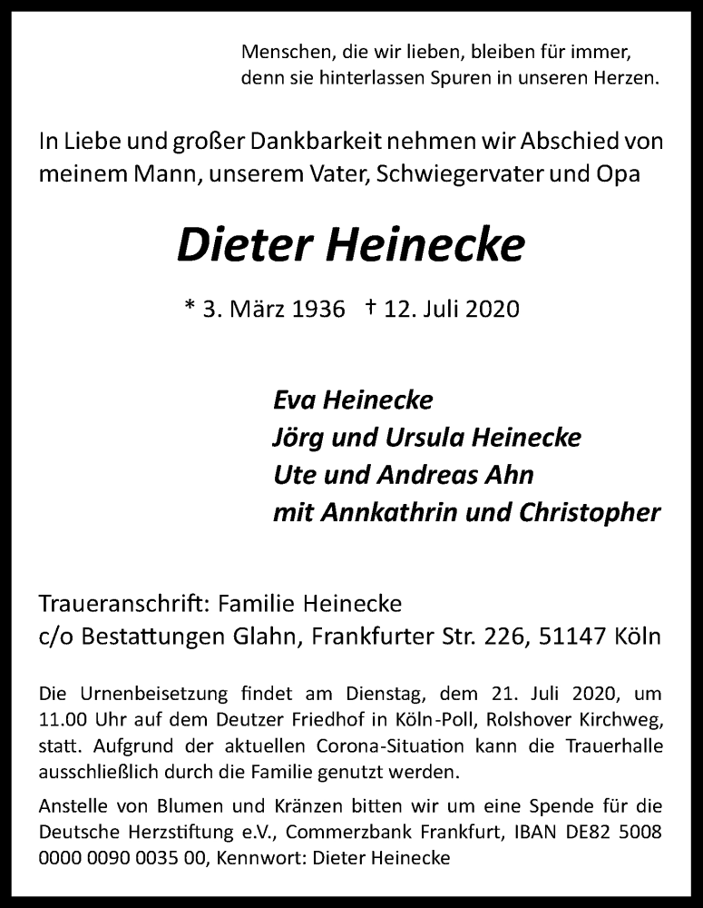  Traueranzeige für Dieter Heinecke vom 18.07.2020 aus Kölner Stadt-Anzeiger / Kölnische Rundschau / Express