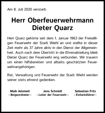 Anzeige von Dieter Quarz von Kölner Stadt-Anzeiger / Kölnische Rundschau / Express