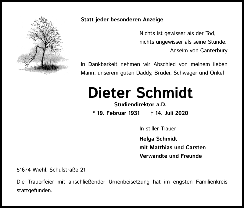  Traueranzeige für Dieter Schmidt vom 25.07.2020 aus Kölner Stadt-Anzeiger / Kölnische Rundschau / Express