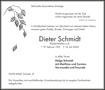 Anzeige von Dieter Schmidt von  Anzeigen Echo 