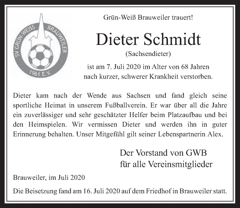  Traueranzeige für Dieter Schmidt vom 17.07.2020 aus  Wochenende 