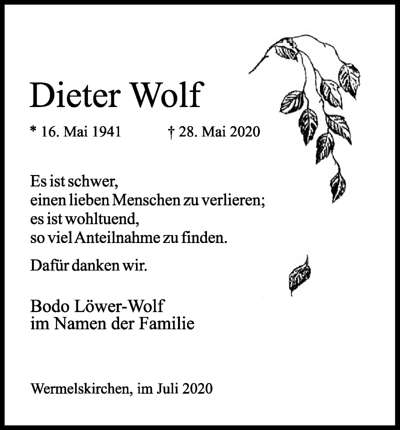  Traueranzeige für Dieter Wolf vom 22.07.2020 aus Kölner Stadt-Anzeiger / Kölnische Rundschau / Express