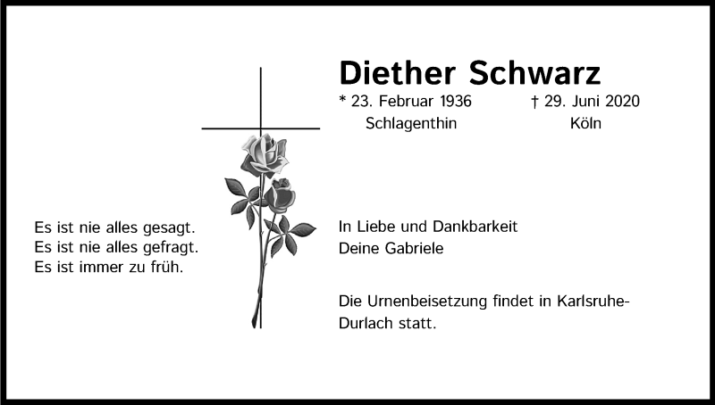  Traueranzeige für Diether Schwarz vom 04.07.2020 aus Kölner Stadt-Anzeiger / Kölnische Rundschau / Express