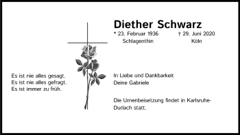 Anzeige von Diether Schwarz von Kölner Stadt-Anzeiger / Kölnische Rundschau / Express