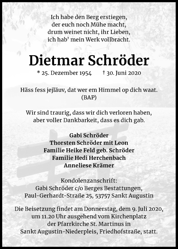  Traueranzeige für Dietmar Schröder vom 04.07.2020 aus Kölner Stadt-Anzeiger / Kölnische Rundschau / Express