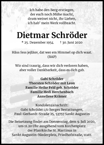 Anzeige von Dietmar Schröder von Kölner Stadt-Anzeiger / Kölnische Rundschau / Express