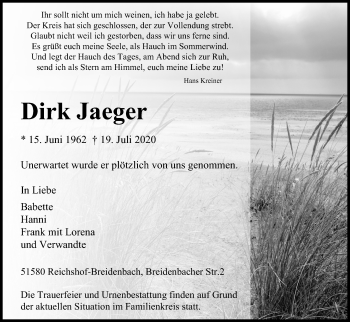 Anzeige von Dirk Jaeger von Kölner Stadt-Anzeiger / Kölnische Rundschau / Express