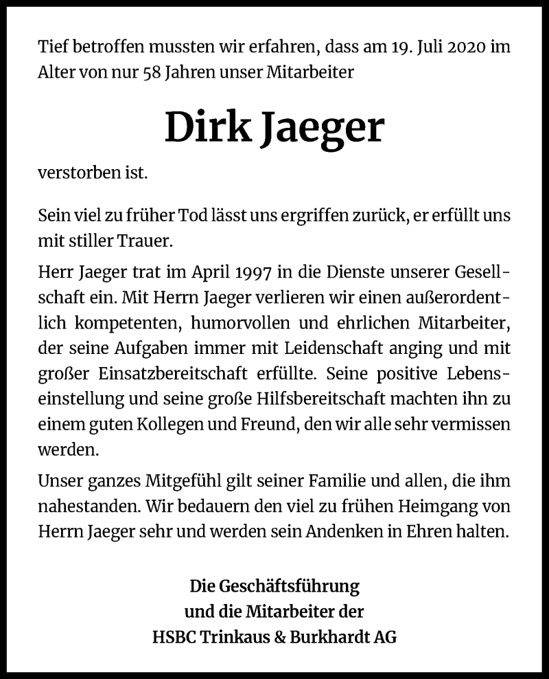  Traueranzeige für Dirk Jaeger vom 28.07.2020 aus Kölner Stadt-Anzeiger / Kölnische Rundschau / Express