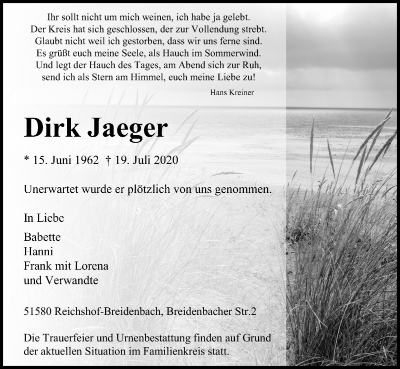  Traueranzeige für Dirk Jaeger vom 25.07.2020 aus Kölner Stadt-Anzeiger / Kölnische Rundschau / Express