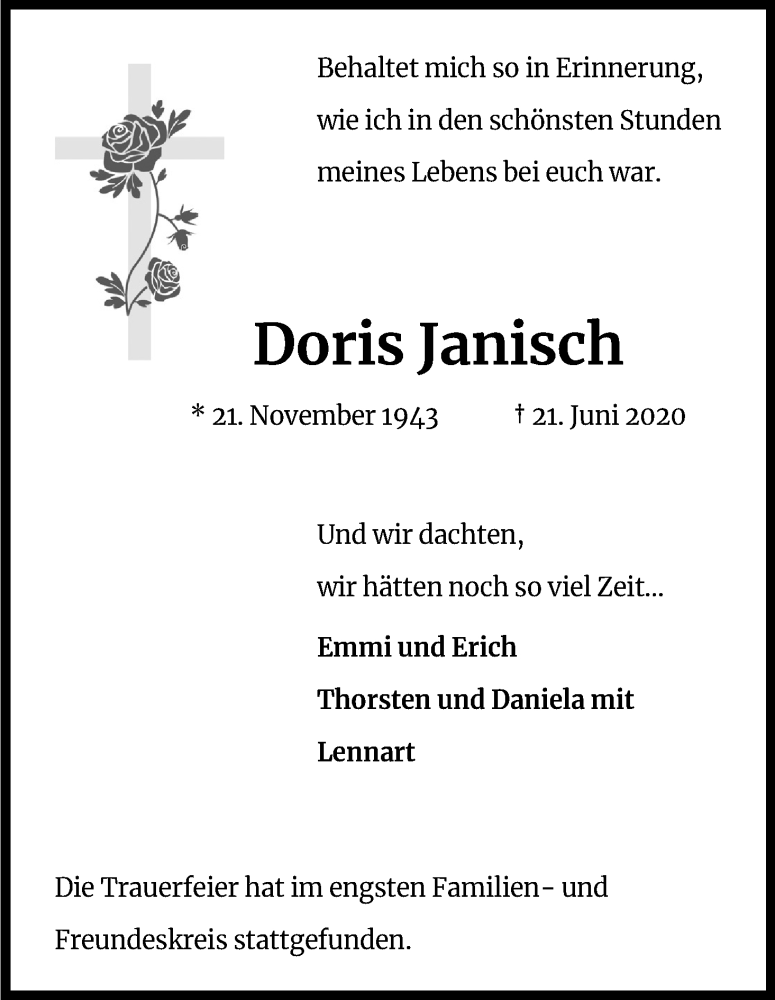  Traueranzeige für Doris Janisch vom 04.07.2020 aus Kölner Stadt-Anzeiger / Kölnische Rundschau / Express