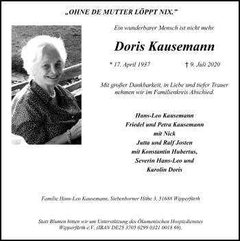 Anzeige von Doris Kausemann von Kölner Stadt-Anzeiger / Kölnische Rundschau / Express