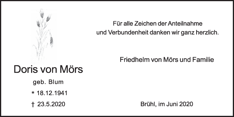 Traueranzeige für Doris von Mörs vom 03.07.2020 aus  Schlossbote/Werbekurier 