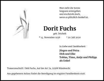 Anzeige von Dorit Fuchs von Kölner Stadt-Anzeiger / Kölnische Rundschau / Express