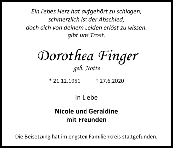 Anzeige von Dorothea Finger von Kölner Stadt-Anzeiger / Kölnische Rundschau / Express