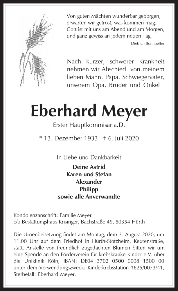  Traueranzeige für Eberhard Meyer vom 17.07.2020 aus  Wochenende 