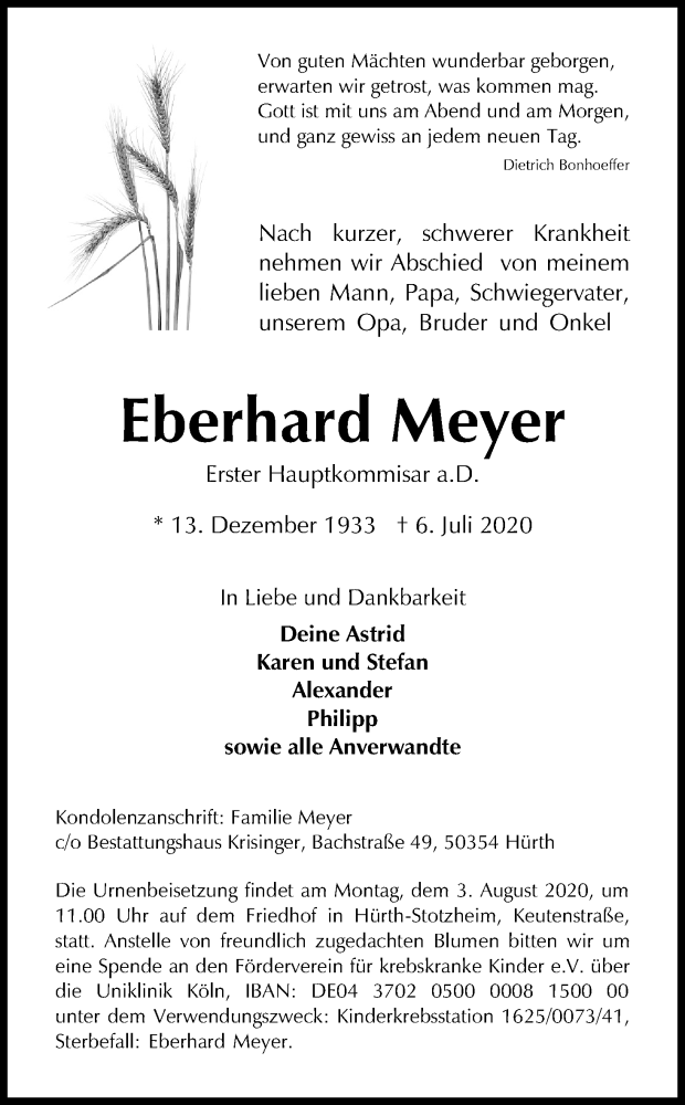  Traueranzeige für Eberhard Meyer vom 18.07.2020 aus Kölner Stadt-Anzeiger / Kölnische Rundschau / Express