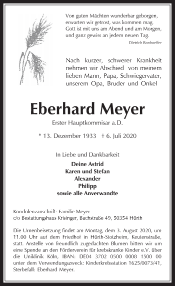 Anzeige von Eberhard Meyer von  Wochenende 