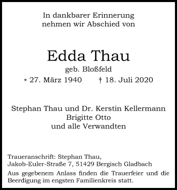 Anzeige von Edda Thau von Kölner Stadt-Anzeiger / Kölnische Rundschau / Express