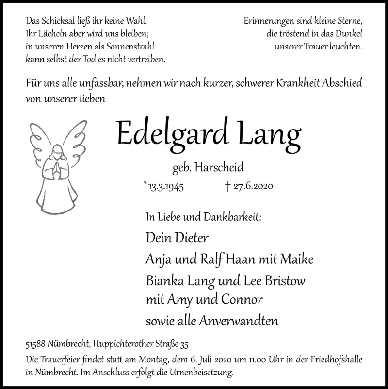  Traueranzeige für Edelgard Lang vom 03.07.2020 aus  Lokalanzeiger 