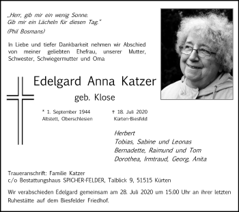 Anzeige von Edelgard Anna Katzer von Kölner Stadt-Anzeiger / Kölnische Rundschau / Express