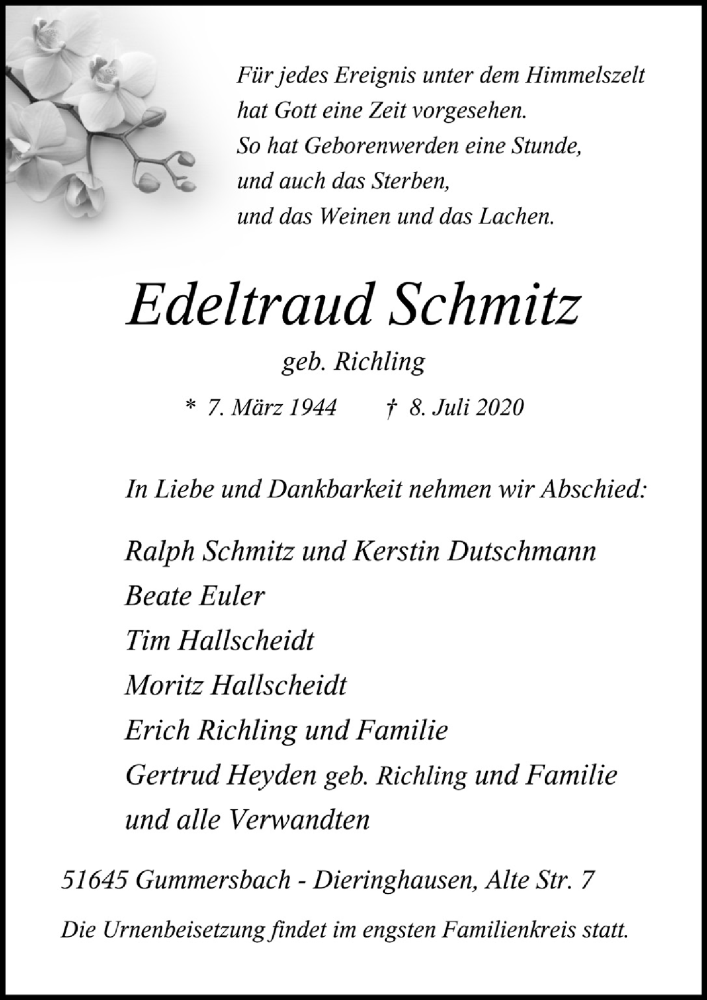  Traueranzeige für Edeltraud Schmitz vom 17.07.2020 aus  Anzeigen Echo 