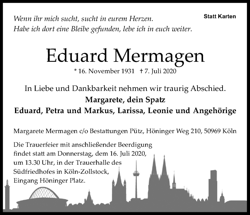  Traueranzeige für Eduard Mermagen vom 11.07.2020 aus Kölner Stadt-Anzeiger / Kölnische Rundschau / Express