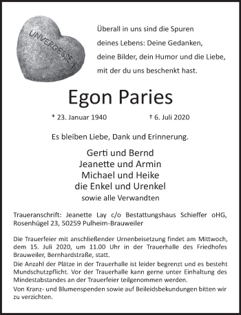Anzeige von Egon Paries von  Wochenende 