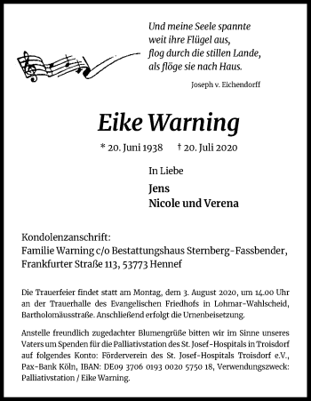 Anzeige von Eike Warning von Kölner Stadt-Anzeiger / Kölnische Rundschau / Express