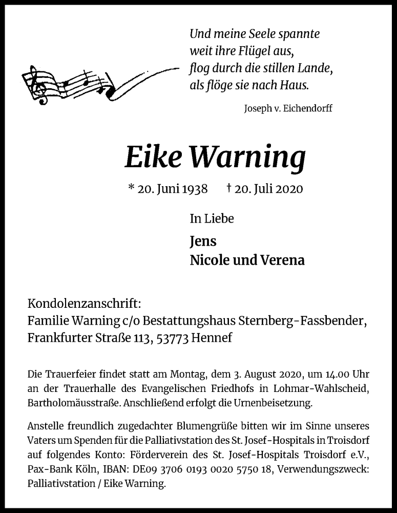  Traueranzeige für Eike Warning vom 25.07.2020 aus Kölner Stadt-Anzeiger / Kölnische Rundschau / Express