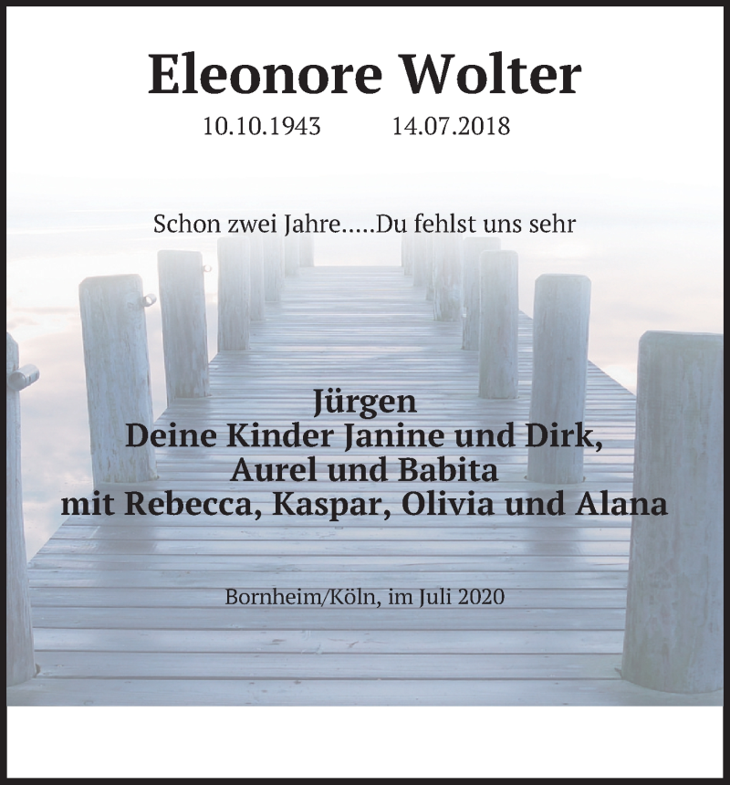  Traueranzeige für Eleonore Wolter vom 14.07.2020 aus Kölner Stadt-Anzeiger / Kölnische Rundschau / Express