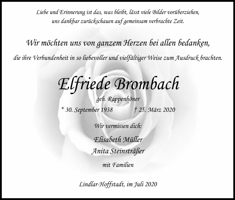  Traueranzeige für Elfriede Brombach vom 18.07.2020 aus Kölner Stadt-Anzeiger / Kölnische Rundschau / Express