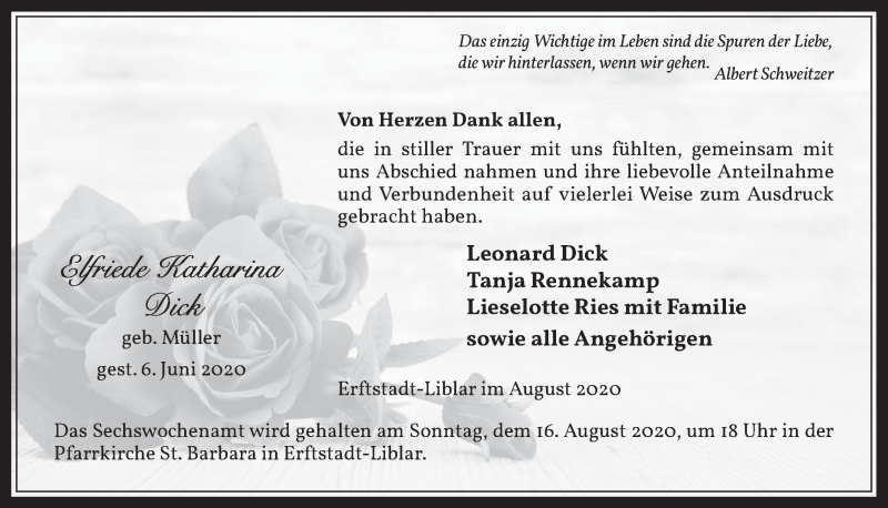  Traueranzeige für Elfriede Katharina Dick vom 24.07.2020 aus  Werbepost 