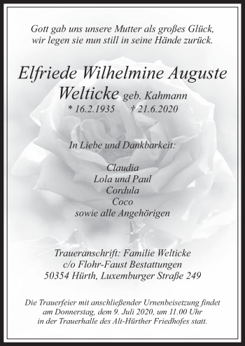 Anzeige von Elfriede Wilhelmine Auguste Welticke von  Wochenende 